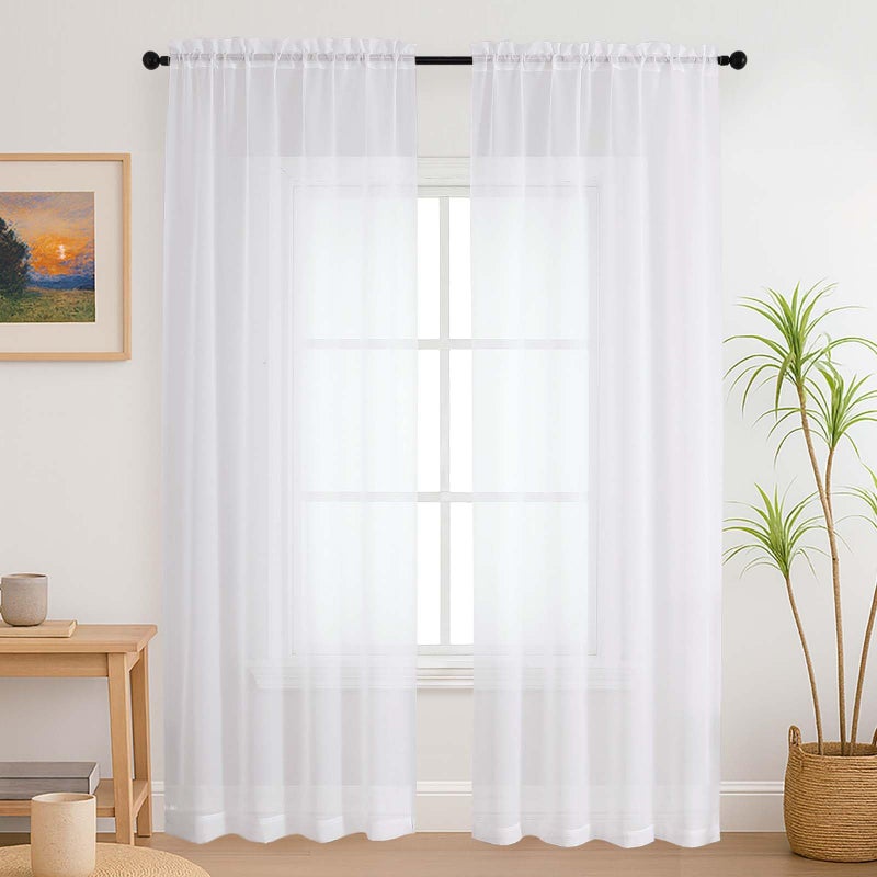 Lecloud Pure White Sheer Curtains 84 Inches Long 2 Panels Set, Airy Voile Light Filtering Window Curtains, Dual Rod Pocket Elegant Window Treatments Drapes for Bedroom Living Room, 42" W x 84" L - Image 1