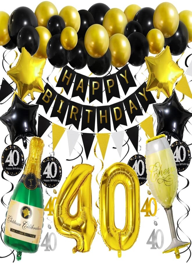 ZERODECO - ZERODECO Birthday Decorations, Black and Gold Happy Birthday Banner 40th Gold Number Balloons Star Bottle Champagne Foil Balloons Triangular Garland Hanging Swirls for 40th Years Old Party Supplies - Image 1
