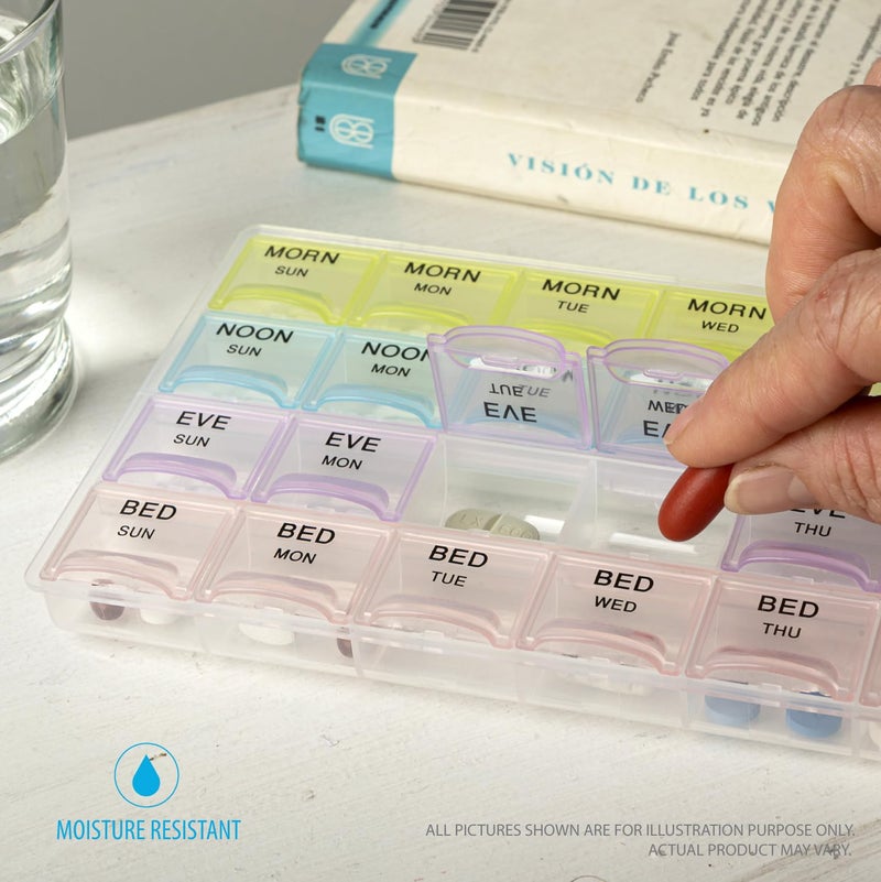 Deke Home - Pill Organizer 4 Times a Day (2 Pack), Weekly Medicine Box with Morning, Noon, Evening, Bed Compartments, Translucent, Easy-to-Open Pill Case, 7-Day Travel Medication Organizer for Vitamin - Image 4