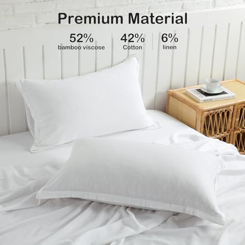 PANDATEX White Linen-Textured Bed Sheets Set, Bamboo Rayon, Cotton, Linen Blend Bed Sheets Queen Size, Soft Cool & Breathable for Hot Sleepers,Durable Natural Organic Bed 15'' Deep Pocket - 4 Piece - Image 3