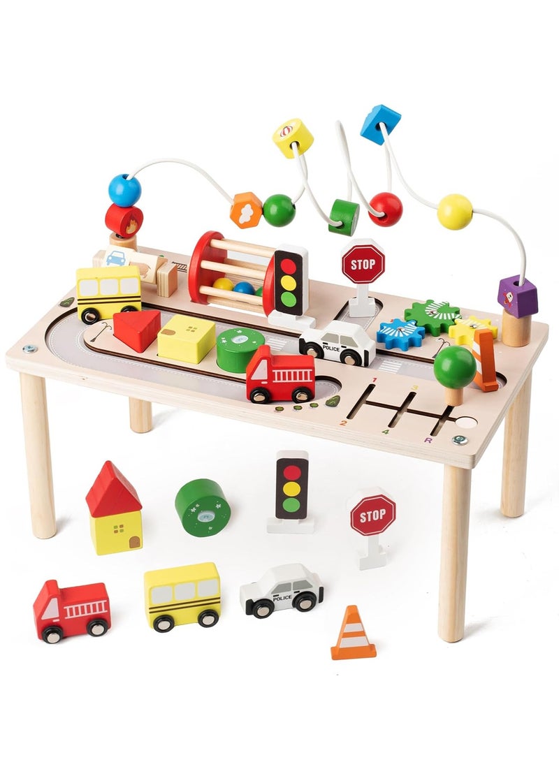 XICEN 8 in 1 Activity Table, Wooden Montessori Toy with Bead Maze, Shape Sorter, Spining Gear, Block Puzzle and Cars, Toddlers Early Development Sensory Toy, Educational Toy for Boys Girls - Image 1