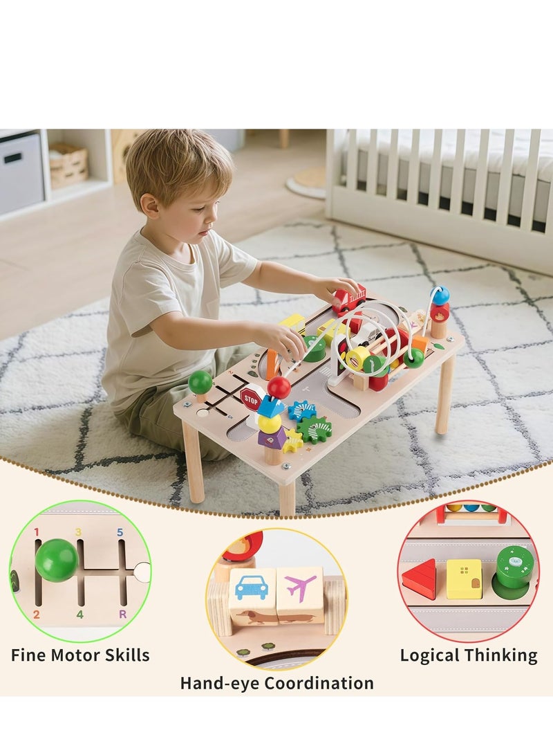 XICEN 8 in 1 Activity Table, Wooden Montessori Toy with Bead Maze, Shape Sorter, Spining Gear, Block Puzzle and Cars, Toddlers Early Development Sensory Toy, Educational Toy for Boys Girls - Image 3