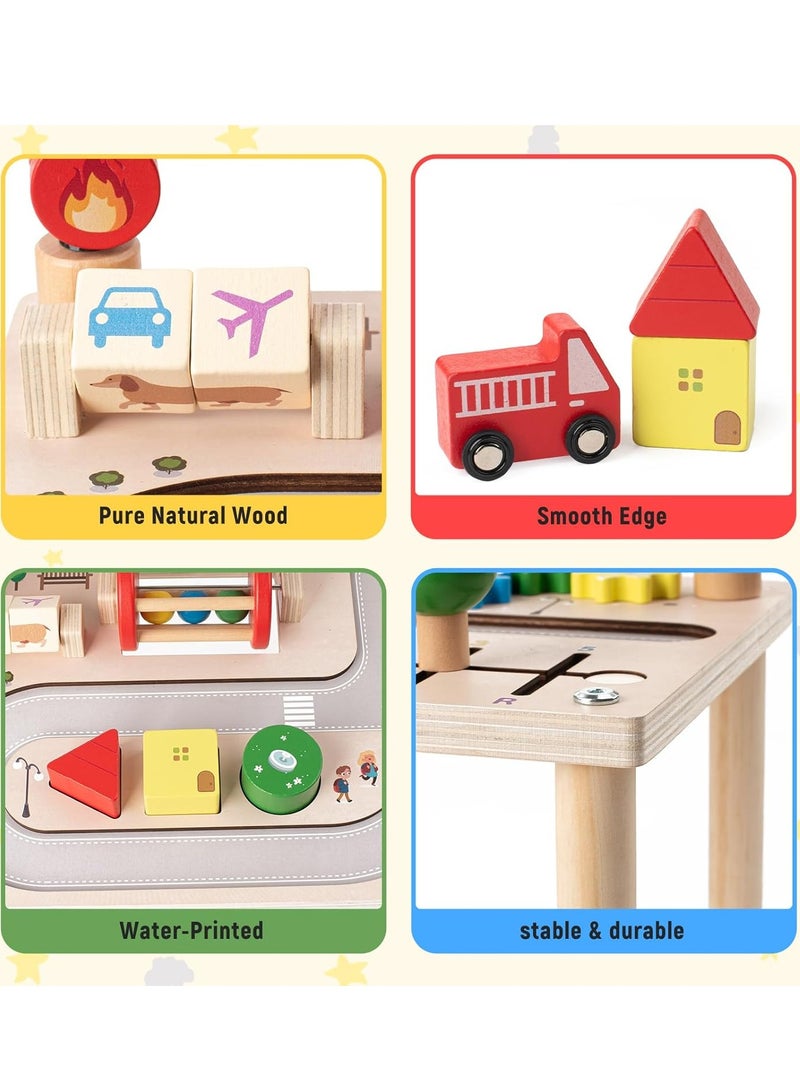 XICEN 8 in 1 Activity Table, Wooden Montessori Toy with Bead Maze, Shape Sorter, Spining Gear, Block Puzzle and Cars, Toddlers Early Development Sensory Toy, Educational Toy for Boys Girls - Image 4