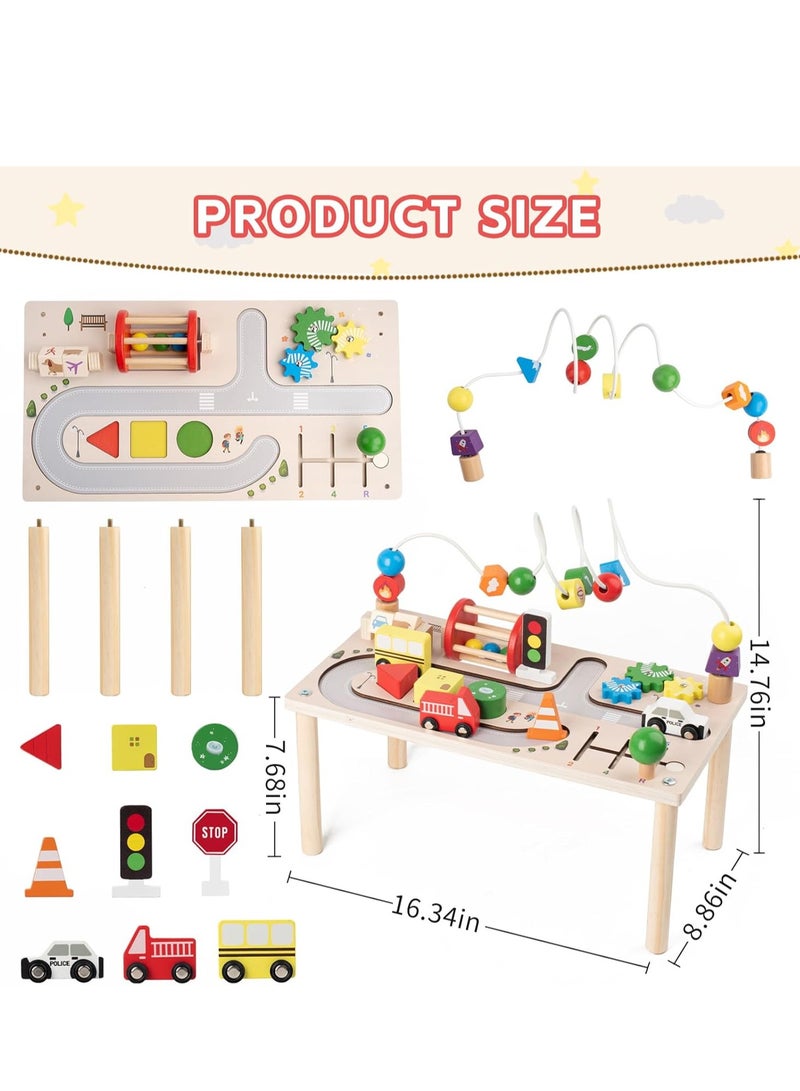 XICEN 8 in 1 Activity Table, Wooden Montessori Toy with Bead Maze, Shape Sorter, Spining Gear, Block Puzzle and Cars, Toddlers Early Development Sensory Toy, Educational Toy for Boys Girls - Image 5