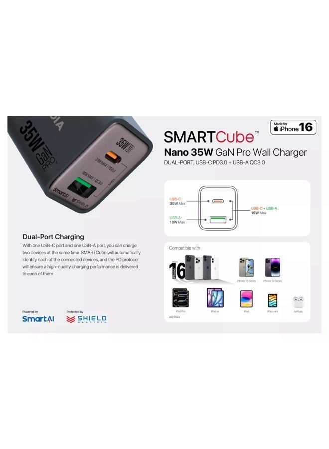 MICRODIA SMARTCube Nano GaN Pro 35W Charger Block USB-C, PD 3.0 Fast Charging Adapter for iPhone , iPad Pro/Air, Samsung Galaxy & More - Charcoal - Image 4