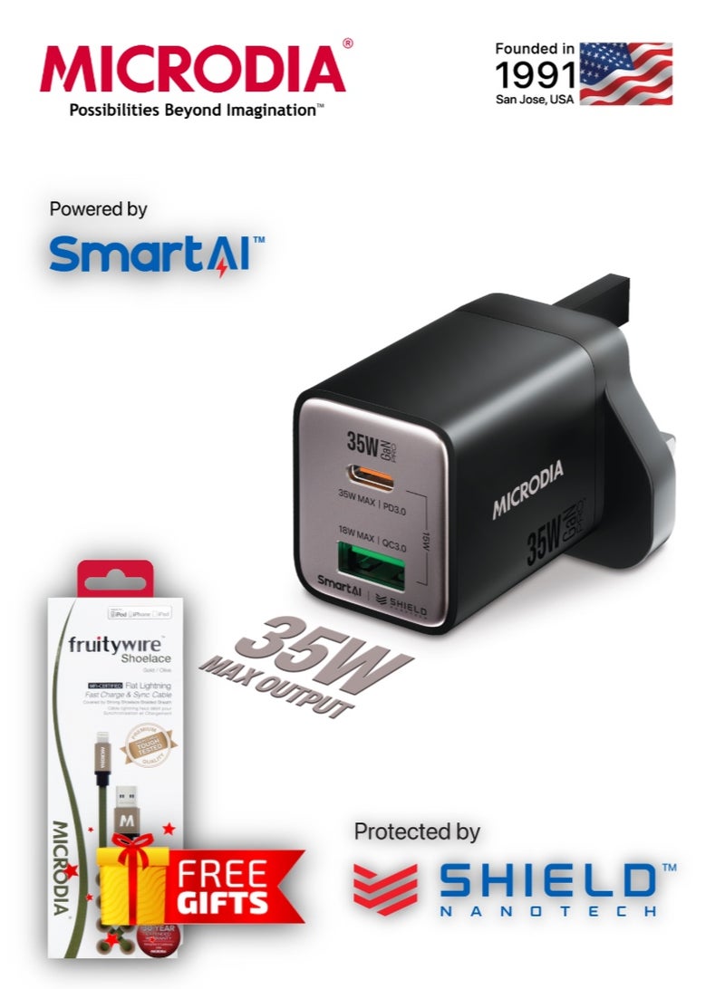 MICRODIA SMARTCube Nano GaN Pro 35W Charger Block USB-C, PD 3.0 Fast Charging Adapter for iPhone , iPad Pro/Air, Samsung Galaxy & More - Charcoal - Image 1