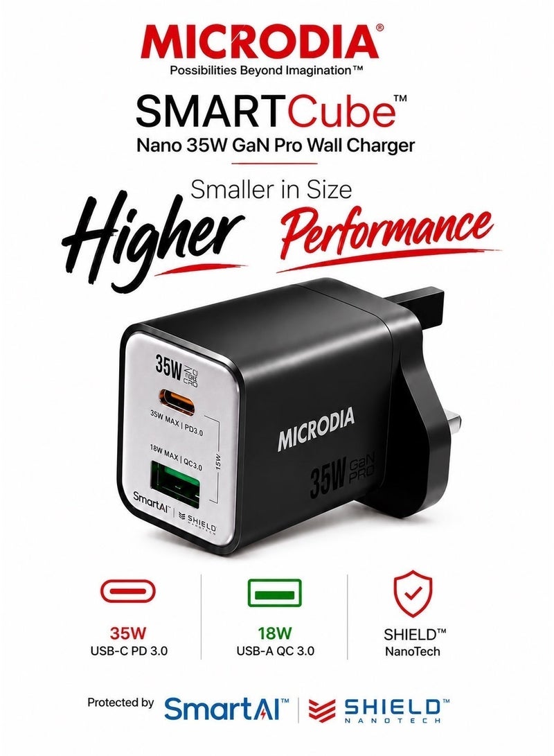 ميكروديا شاحن مايكروديا  SMARTCube Nano GaN Pro بقوة 35 واط، مزود بمنفذ USB-C، يدعم الشحن السريع بتقنية PD 3.0، متوافق مع أجهزة iPhone و iPad Pro/Air و Samsung Galaxy وغيرها - لون فحمي - Image 1