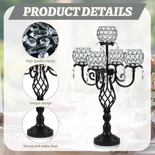 Kehail 5-Arm Crystal Candelabra Centerpiece 23.2" Tall - Elegant Candle Holder Stand with Crystal Bowl, Chic Table Decor for Weddings, Parties, Anniversary & Home Decoration (2, Black) - Image 3