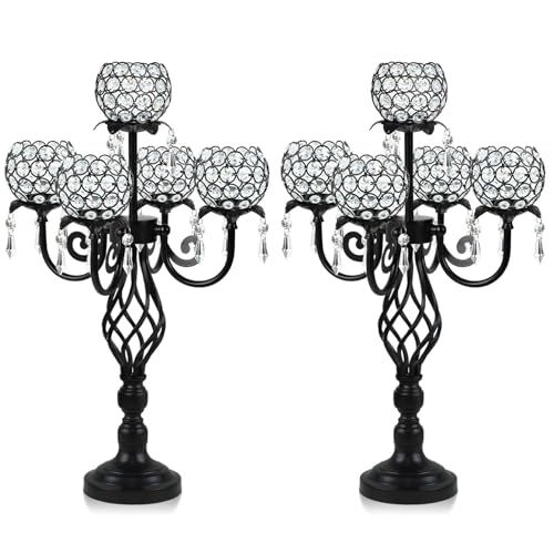 Kehail 5-Arm Crystal Candelabra Centerpiece 23.2" Tall - Elegant Candle Holder Stand with Crystal Bowl, Chic Table Decor for Weddings, Parties, Anniversary & Home Decoration (2, Black) - Image 1