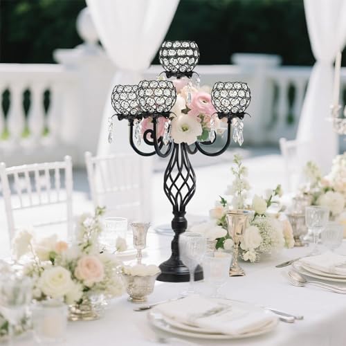 Kehail 5-Arm Crystal Candelabra Centerpiece 23.2" Tall - Elegant Candle Holder Stand with Crystal Bowl, Chic Table Decor for Weddings, Parties, Anniversary & Home Decoration (2, Black) - Image 5