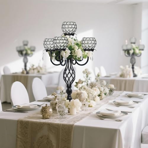 Kehail 5-Arm Crystal Candelabra Centerpiece 23.2" Tall - Elegant Candle Holder Stand with Crystal Bowl, Chic Table Decor for Weddings, Parties, Anniversary & Home Decoration (2, Black) - Image 4
