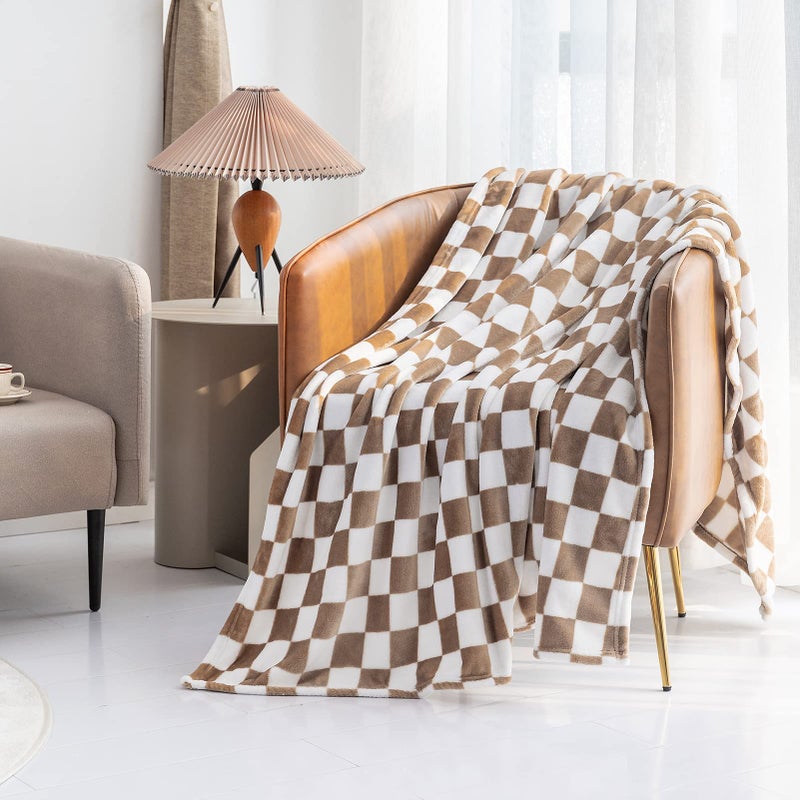 LOMAO Throw Blankets Flannel Blanket with Checkerboard Grid Pattern Soft Throw Blanket for Couch, Bed, Sofa Luxurious Warm and Cozy for All Seasons (Khaki, 40"x50") - Image 5