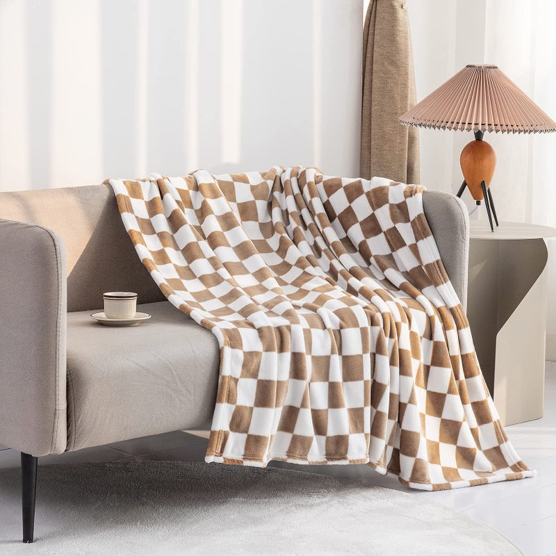 LOMAO Throw Blankets Flannel Blanket with Checkerboard Grid Pattern Soft Throw Blanket for Couch, Bed, Sofa Luxurious Warm and Cozy for All Seasons (Khaki, 40"x50") - Image 2