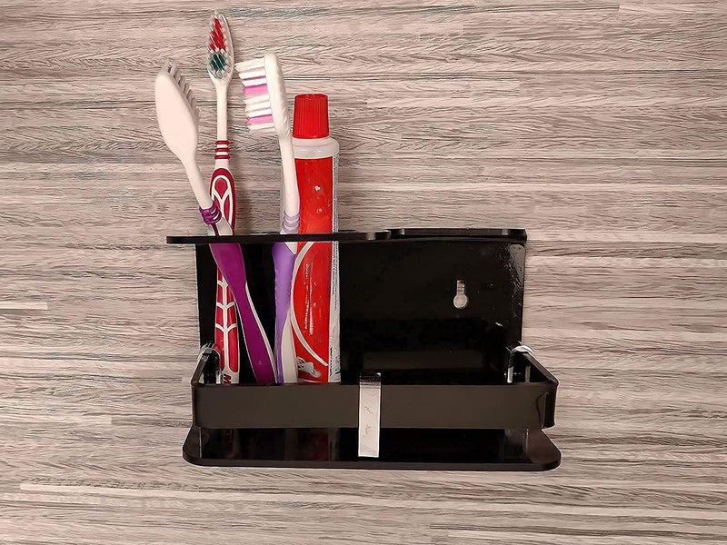 ZICOTO Wall Mount Wall Mounted self Adhesive Acrylic Tooth Brush Holder, Toothpaste Holder Stand, Tumbler Holder,Toothpaste for Bathroom Stand Organizer (SENITIZER Black) - Image 3