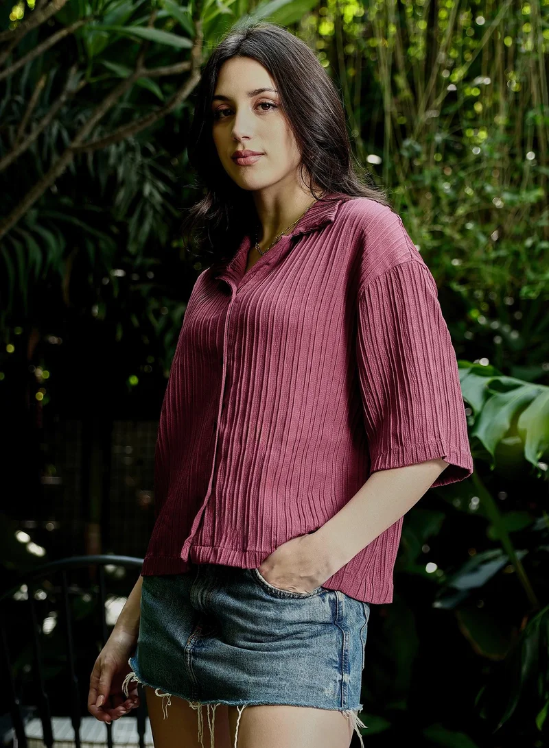 Pinacolada  Women's Pin-Tactile Boxy Crop Shirt | Cuban Collar , Short Regular Sleeves, Button Closure | Solid Textured Woven Shirt For Casual & Daily Wear | Brick Red for Women | Best Price UAE