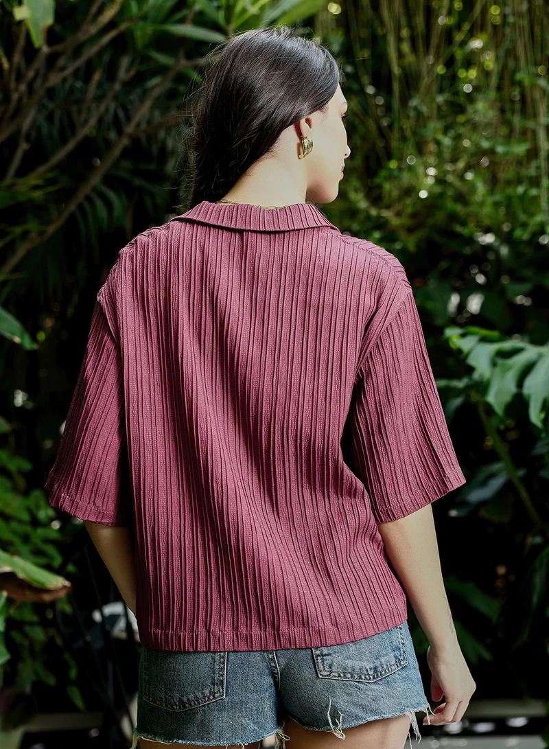 Pinacolada  Women's Pin-Tactile Boxy Crop Shirt | Cuban Collar , Short Regular Sleeves, Button Closure | Solid Textured Woven Shirt For Casual & Daily Wear | Brick Red for Women | Best Price UAE