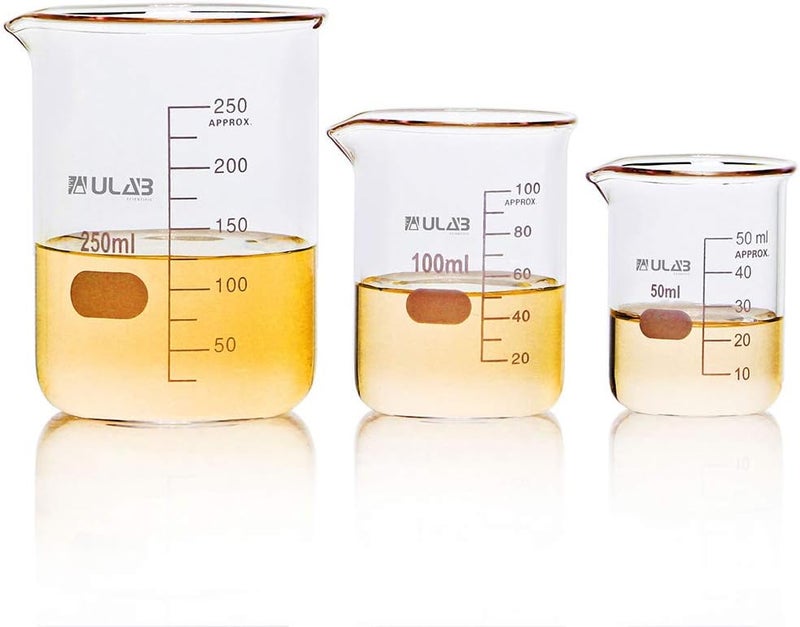 ULAB Scientific Glass Beaker Set, 3 Sizes 50ml 100ml 250ml, 3.3 Boro Griffin Low Form with Printed Graduation, UBG1001 - Image 1