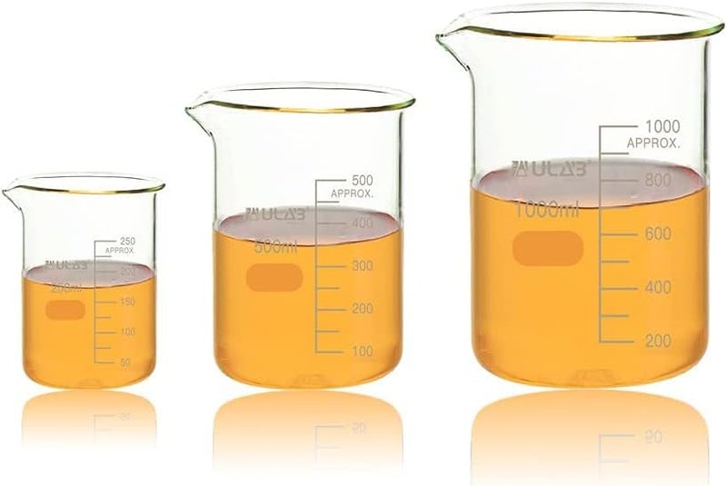 ULAB Scientific Glass Beaker Set, 3 Sizes 50ml 100ml 250ml, 3.3 Boro Griffin Low Form with Printed Graduation, UBG1001 - Image 4