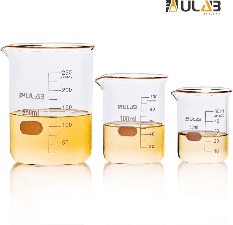 ULAB Scientific Glass Beaker Set, 3 Sizes 50ml 100ml 250ml, 3.3 Boro Griffin Low Form with Printed Graduation, UBG1001 - Image 5