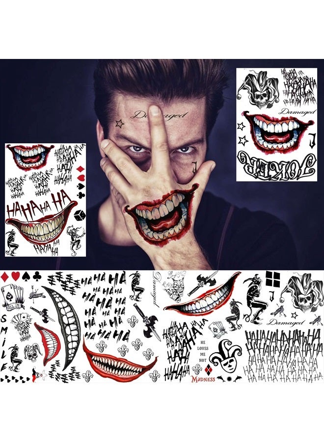 GOROMON 6 Sheets The Joker Temporary Tattoos For Halloween Makeup Kit, Suicide Squad Joker Tattoos Stickers For Women Men Adults, Damaged Tattoo Joker Hand Smile Face Poker Prisoner Costume Skull Set - Image 3