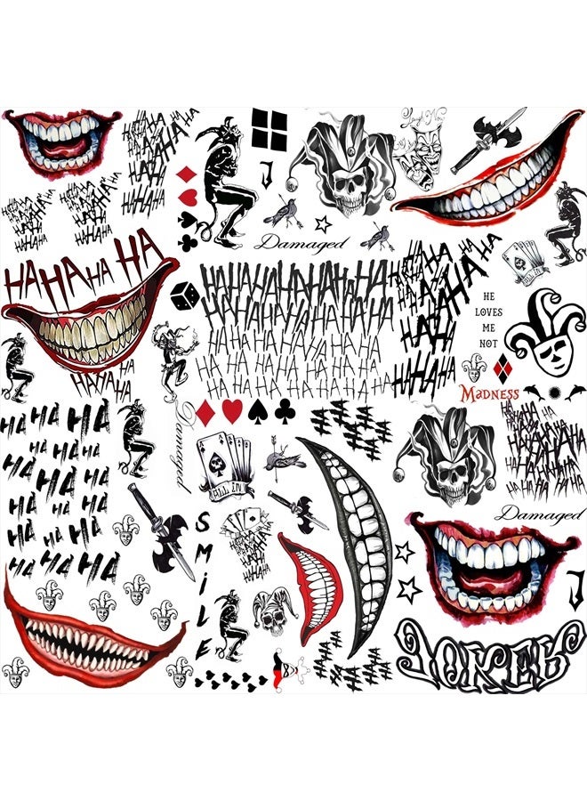 GOROMON 6 Sheets The Joker Temporary Tattoos For Halloween Makeup Kit, Suicide Squad Joker Tattoos Stickers For Women Men Adults, Damaged Tattoo Joker Hand Smile Face Poker Prisoner Costume Skull Set - Image 1