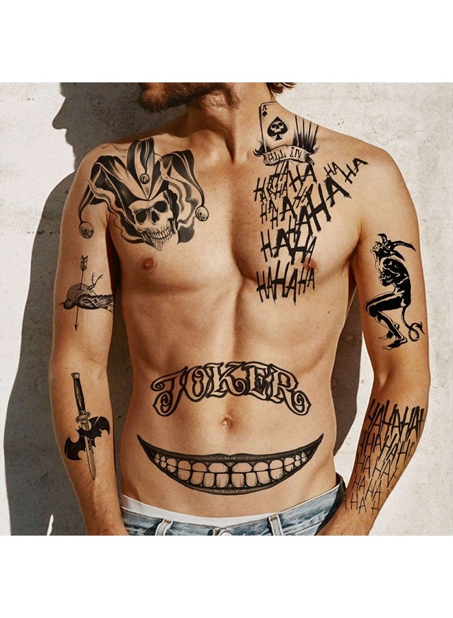 GOROMON 6 Sheets The Joker Temporary Tattoos For Halloween Makeup Kit, Suicide Squad Joker Tattoos Stickers For Women Men Adults, Damaged Tattoo Joker Hand Smile Face Poker Prisoner Costume Skull Set - Image 2