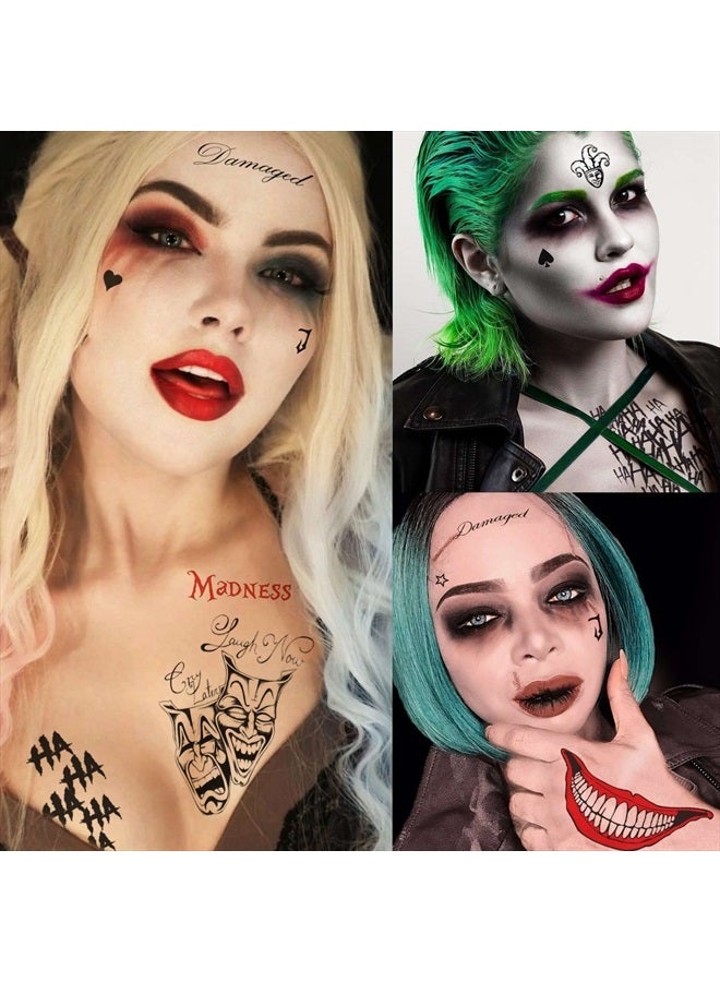 GOROMON 6 Sheets The Joker Temporary Tattoos For Halloween Makeup Kit, Suicide Squad Joker Tattoos Stickers For Women Men Adults, Damaged Tattoo Joker Hand Smile Face Poker Prisoner Costume Skull Set - Image 5
