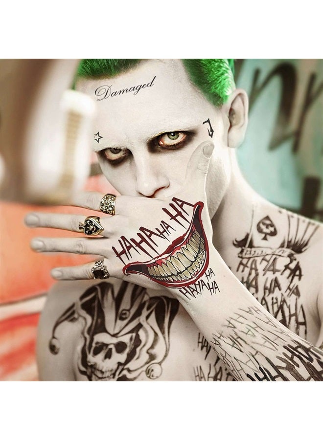 GOROMON 6 Sheets The Joker Temporary Tattoos For Halloween Makeup Kit, Suicide Squad Joker Tattoos Stickers For Women Men Adults, Damaged Tattoo Joker Hand Smile Face Poker Prisoner Costume Skull Set - Image 4