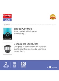 PRESTIGE Prestige 500 Watts DIVA Mixer Grinder with 3 stainless Steel Jars|3 super efficient blades|2 years warranty|(Blue & Black)  - Image 5