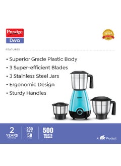 PRESTIGE Prestige 500 Watts DIVA Mixer Grinder with 3 stainless Steel Jars|3 super efficient blades|2 years warranty|(Blue & Black)  - Image 3