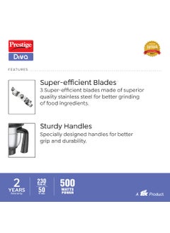 PRESTIGE Prestige 500 Watts DIVA Mixer Grinder with 3 stainless Steel Jars|3 super efficient blades|2 years warranty|(Blue & Black)  - Image 4