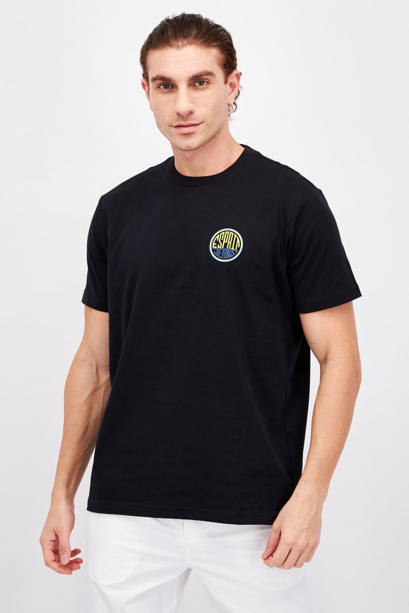 ESPRIT تي شيرت رجالي بأكمام قصيرة وياقة دائرية بشعار العلامة التجارية، أسود - Image 1