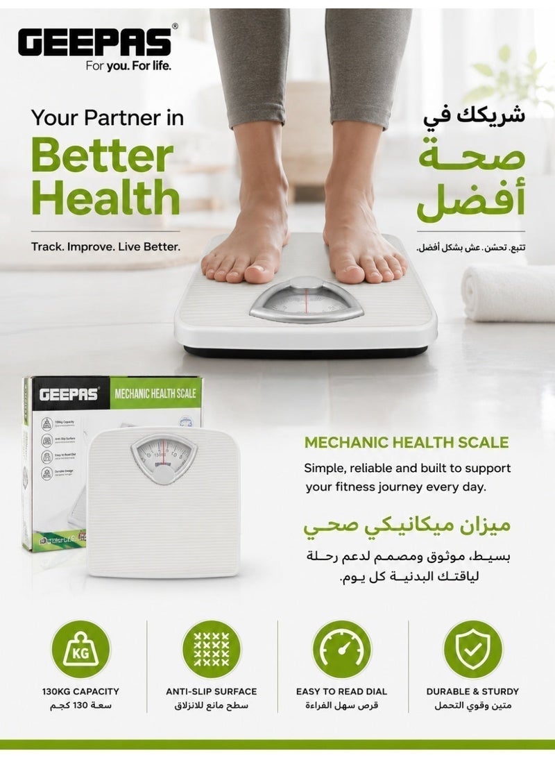 Geepas GBS4162N Mechanical Bathroom Scale, 130kg Capacity, Analog Weight Machine, Anti-Skid Design, Battery-Free - Image 1