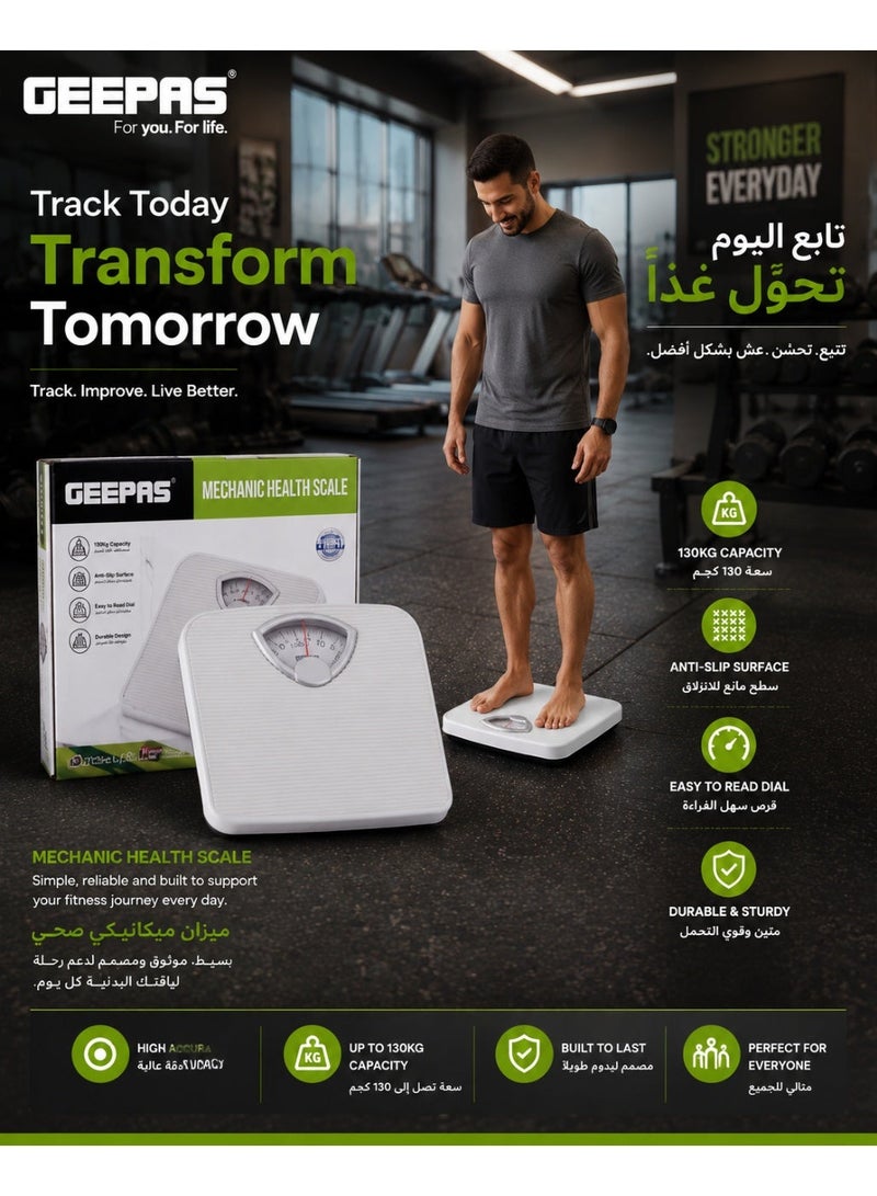 Geepas GBS4162N Mechanical Bathroom Scale, 130kg Capacity, Analog Weight Machine, Anti-Skid Design, Battery-Free - Image 2
