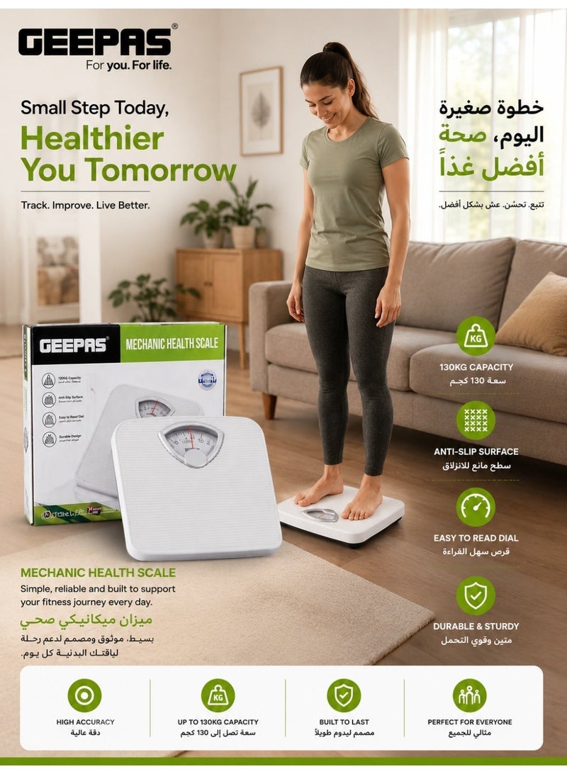 Geepas GBS4162N Mechanical Bathroom Scale, 130kg Capacity, Analog Weight Machine, Anti-Skid Design, Battery-Free - Image 3