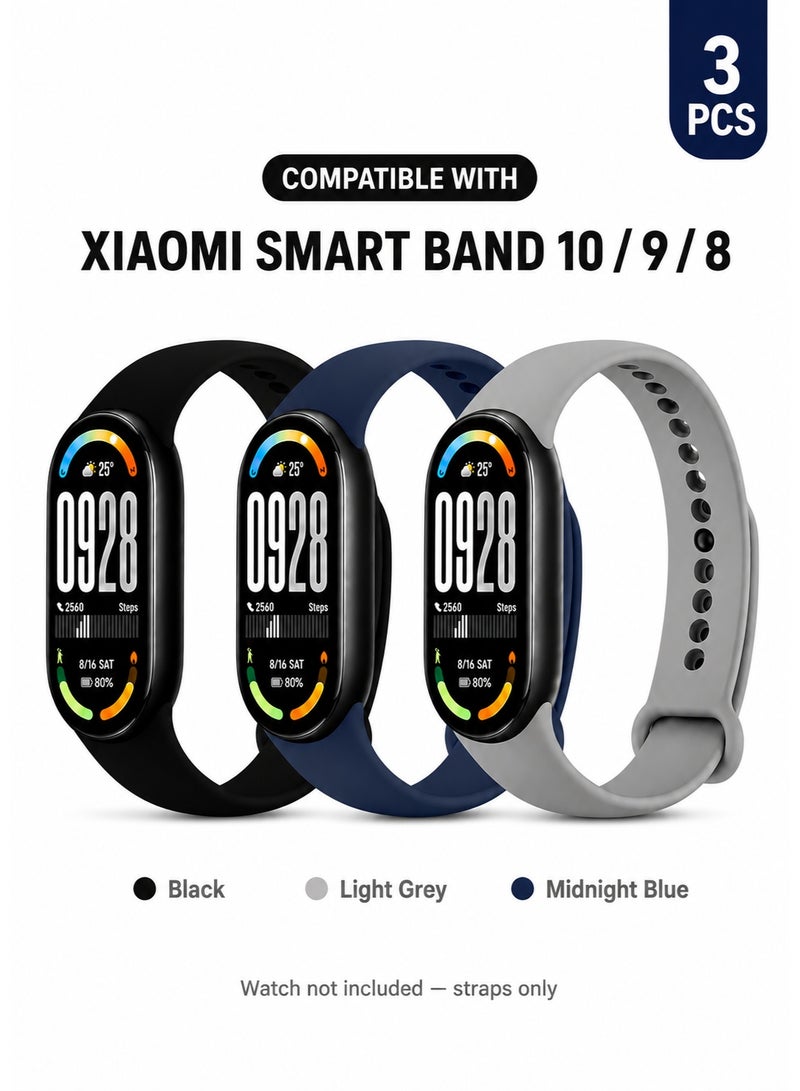 SARAOONT 3 Pieces Band Strap Compatible with Xiaomi Smart Band 10/9/8, Soft Silicone, Adjustable Sport Wrist Strap, for Men & Women, Black/Midnight Blue/Grey - Image 1