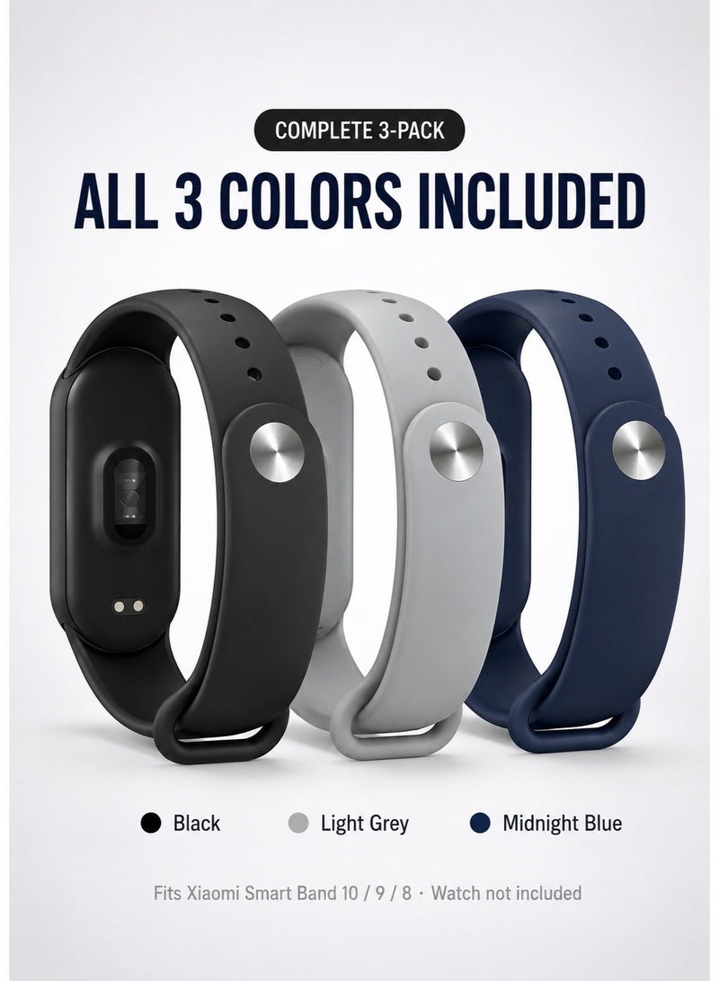 SARAOONT 3 Pieces Band Strap Compatible with Xiaomi Smart Band 10/9/8, Soft Silicone, Adjustable Sport Wrist Strap, for Men & Women, Black/Midnight Blue/Grey - Image 5