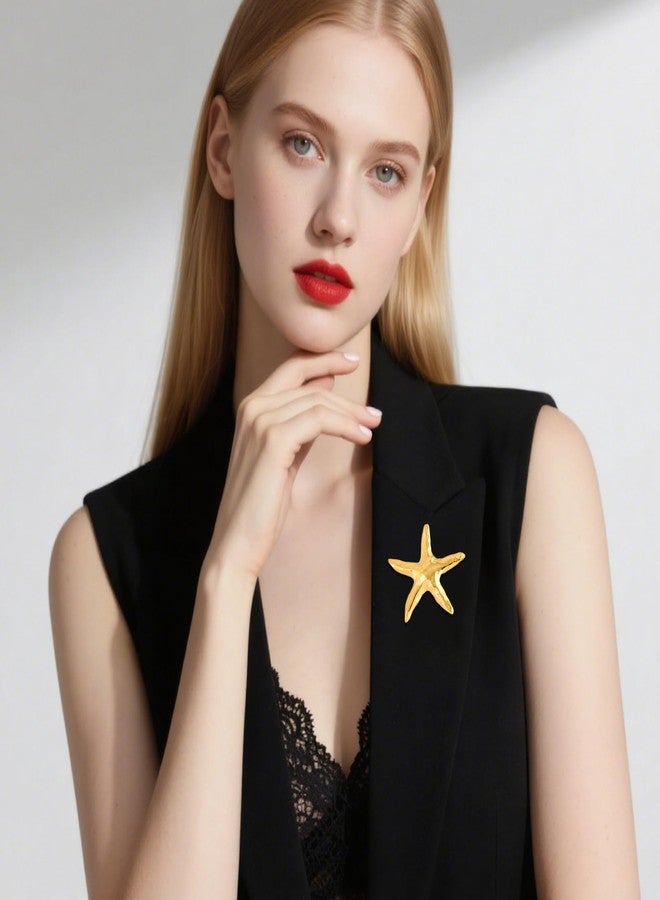 PLwelth Ocean Starfish Brooch Pins for Women Men Gold Charm Sea Star Lapel Pins Elegant Starfish Brooch for Suits Hat Clothes Jacket Dress Decor Summer Beach Party Jewelry Accessories Gifts - Image 2