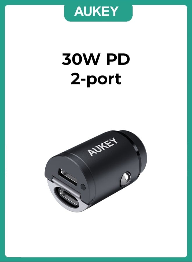 Aukey PD Nano Car Charger 30W 2-Port Dual USB-C A4 Black - Image 1