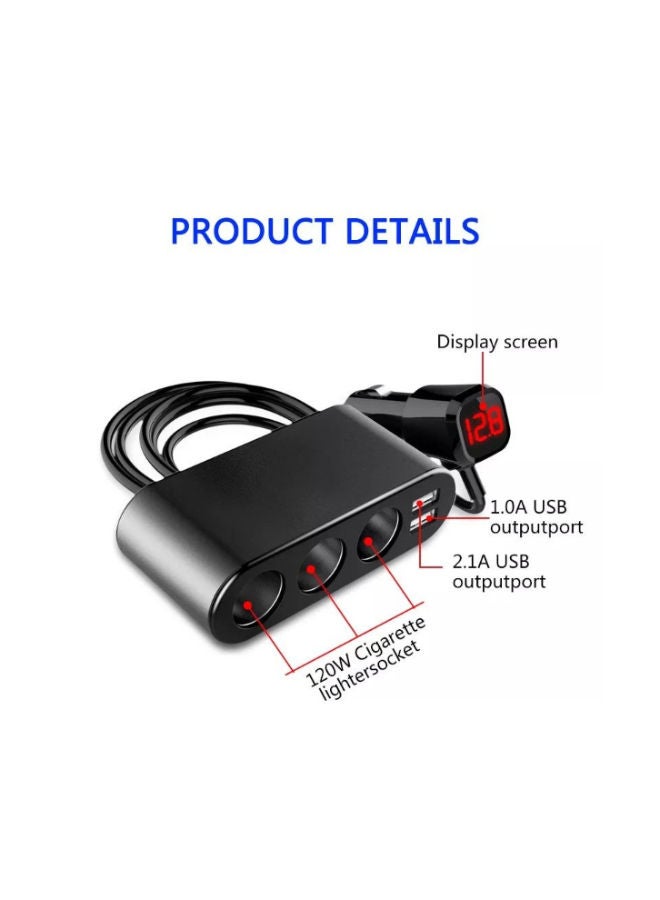 Earldom Dual USB Multi-Function Car Charger 4 in 1 Socket Black Car Phone Charger Lighter 120W ET-CS2 - Image 2