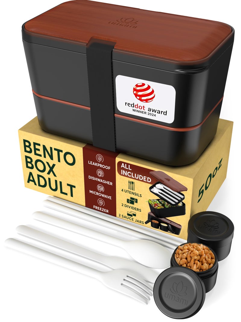 Umami Premium Lunch Box Containers w/ 4 Utensils, 2 Sauce Jars, Nestable Space-Saving Bento Box Adult, 100% Leakproof, Microwavable Lunch Containers for Adults, Sapele Black, 50 oz - Image 1