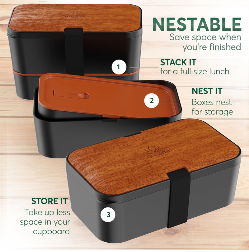 Umami Premium Lunch Box Containers w/ 4 Utensils, 2 Sauce Jars, Nestable Space-Saving Bento Box Adult, 100% Leakproof, Microwavable Lunch Containers for Adults, Sapele Black, 50 oz - Image 4
