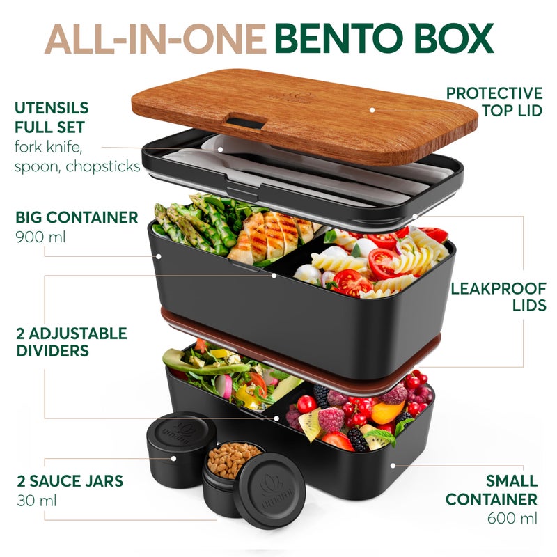 Umami Premium Lunch Box Containers w/ 4 Utensils, 2 Sauce Jars, Nestable Space-Saving Bento Box Adult, 100% Leakproof, Microwavable Lunch Containers for Adults, Sapele Black, 50 oz - Image 2
