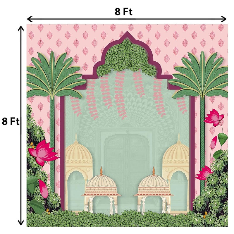 DHARA CREATION Dhara Mural Palace Pichwai Art Printed 8FT8FT Backdrop Cloth for Pooja Decoration Traditional Background Curtain Cloth for Festival Washable Fabric - Image 2