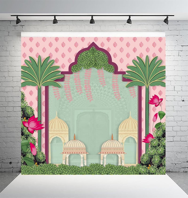 DHARA CREATION Dhara Mural Palace Pichwai Art Printed 8FT8FT Backdrop Cloth for Pooja Decoration Traditional Background Curtain Cloth for Festival Washable Fabric - Image 1