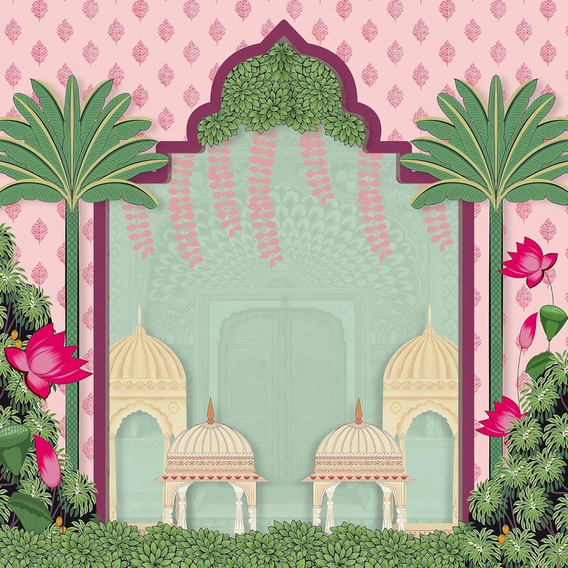 DHARA CREATION Dhara Mural Palace Pichwai Art Printed 8FT8FT Backdrop Cloth for Pooja Decoration Traditional Background Curtain Cloth for Festival Washable Fabric - Image 4