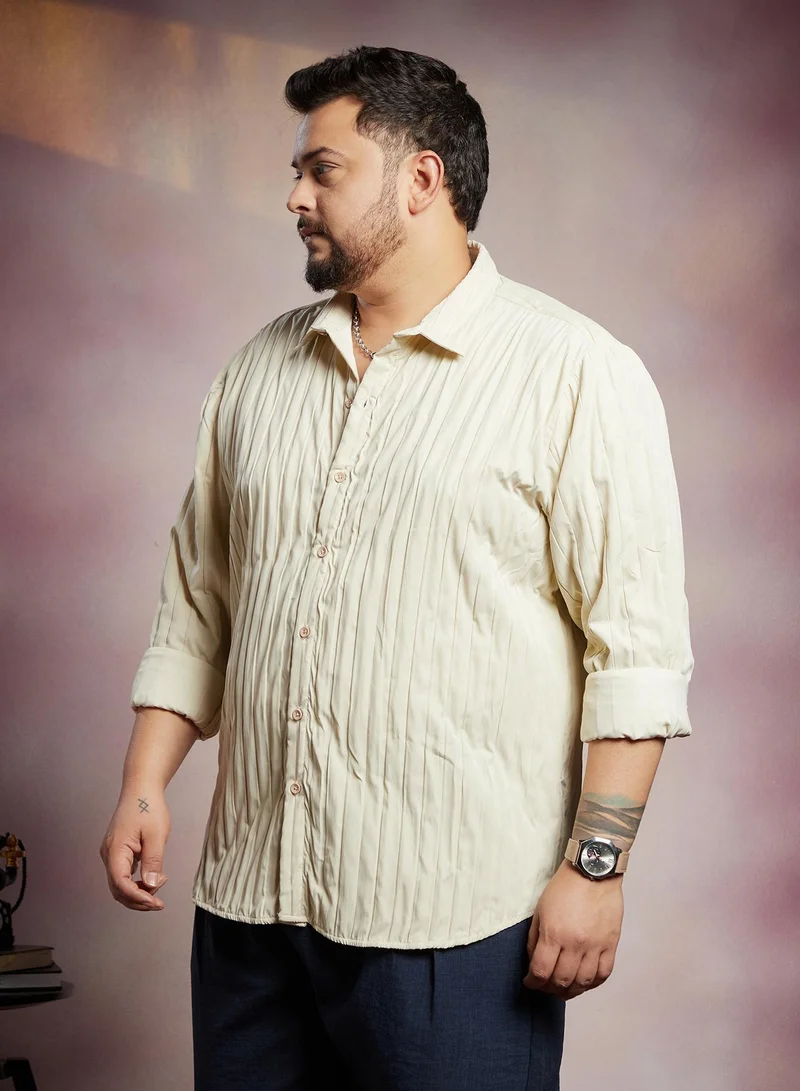 Instafab Plus Instafab Plus Men's Cream White Quilt-Tactile Shirt For Casual Wear | Spread Collar | Long Cuffed Sleeves | Button Closure | Plus Size Shirt Crafted With Comfort Fit For Everyday Wear