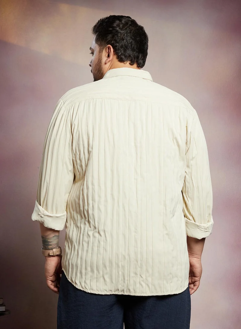 Instafab Plus Instafab Plus Men's Cream White Quilt-Tactile Shirt For Casual Wear | Spread Collar | Long Cuffed Sleeves | Button Closure | Plus Size Shirt Crafted With Comfort Fit For Everyday Wear