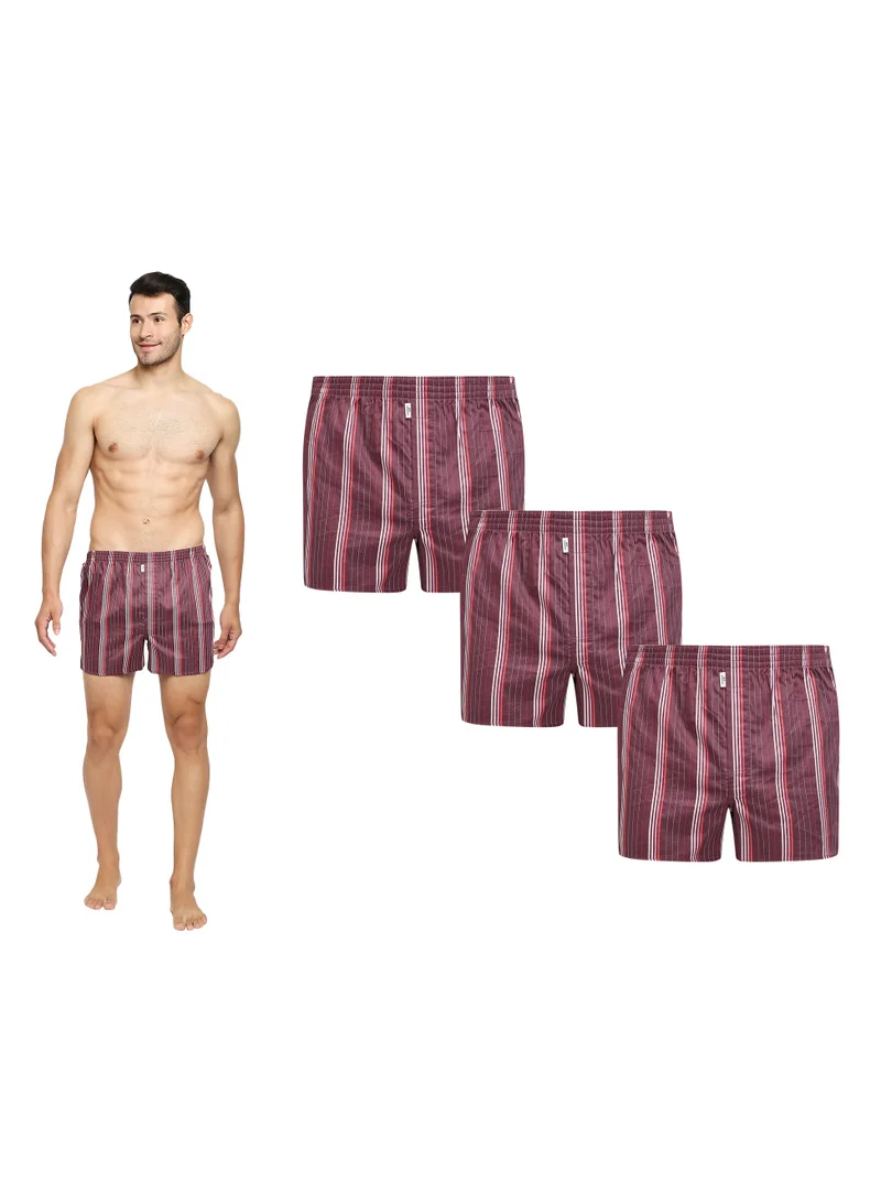 BYC MEN'S STRIPED COTTON BOXER SHORTS (PACK OF 3) - MAROON