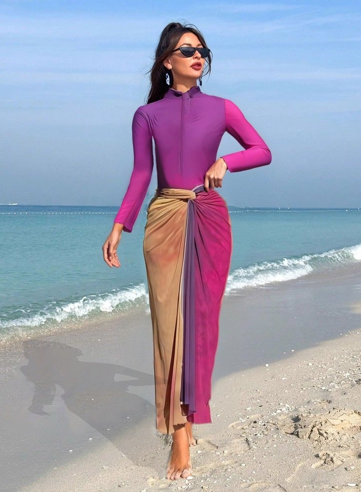 Women’s Light Purple Burkini Set – Slim Pants, Long Sleeves, and Colorful Apron 